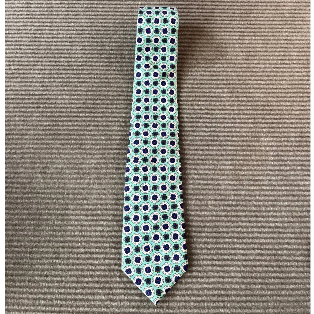 Vintage Resilio Mens Silk Tie Mint Green Navy Blue Geometric Floral Medallion